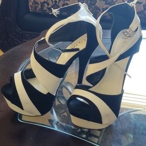 Liliana black & white velvet and leather heels
